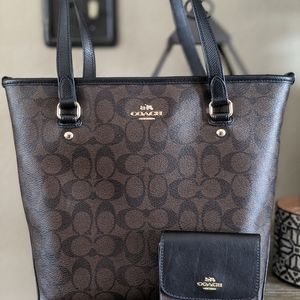 Coach signature tote with matching trifold